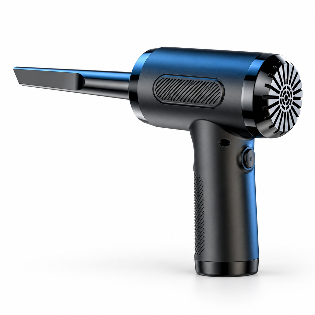 Blue and black 2-in-1 portable vacuum and air duster on a clean white studio background